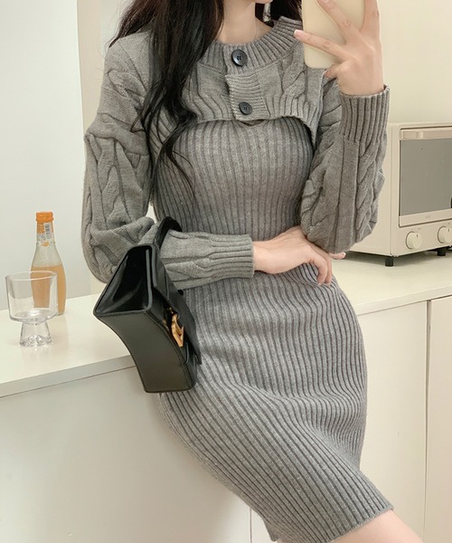 Jewelobe(ジュエローブ)の「ケーブルショートボレロ&タイトミニワンピースニットアップ(ワンピース・レディース・杢グレー/ブラック/オフホワイト/ブラウン・FREE)」の21枚目の写真