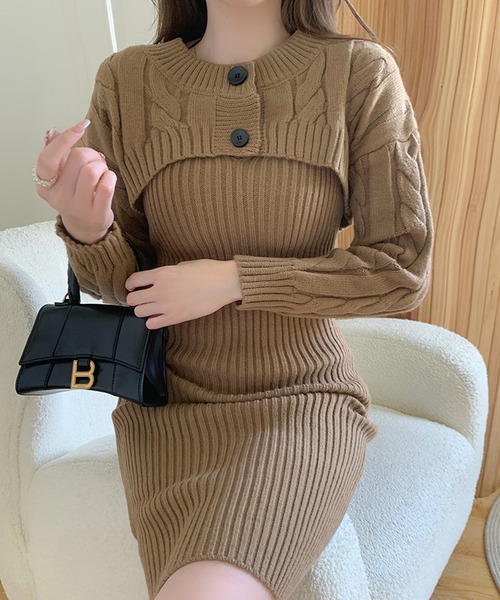 Jewelobe(ジュエローブ)の「ケーブルショートボレロ&タイトミニワンピースニットアップ(ワンピース・レディース・杢グレー/ブラック/オフホワイト/ブラウン・FREE)」の22枚目の写真