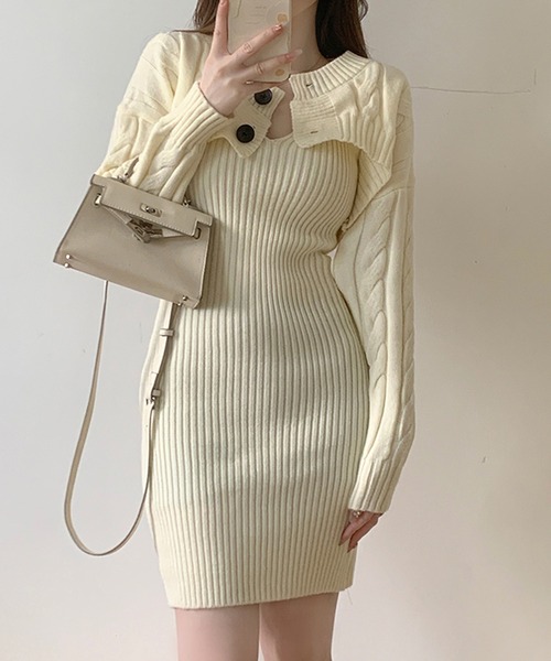 Jewelobe(ジュエローブ)の「ケーブルショートボレロ&タイトミニワンピースニットアップ(ワンピース・レディース・杢グレー/ブラック/オフホワイト/ブラウン・FREE)」の18枚目の写真