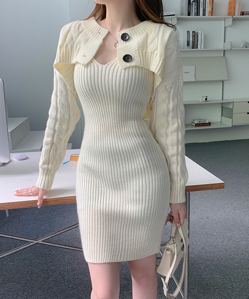 Jewelobe(ジュエローブ)の「ケーブルショートボレロ&タイトミニワンピースニットアップ(ワンピース・レディース・杢グレー/ブラック/オフホワイト/ブラウン・FREE)」の8枚目の写真
