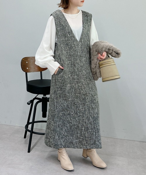 un dix cors(アンディコール)の「旬顔になれる ツイードジャンスカ(ワンピース・レディース・ブラック/グレイッシュベージュ・FREE)」の5枚目の写真