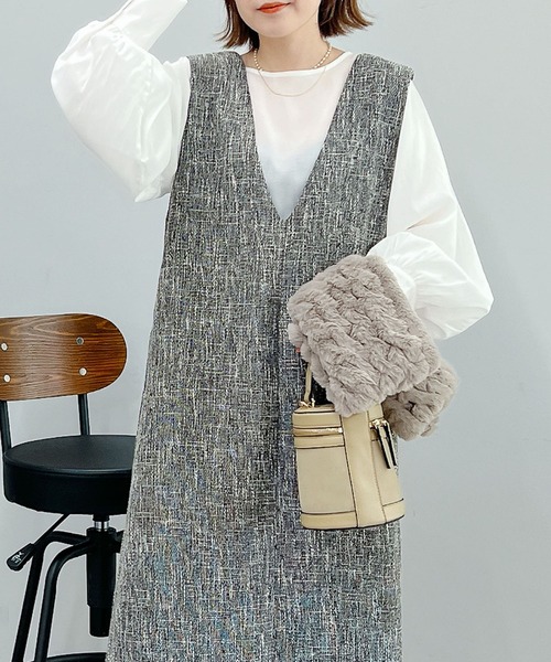 un dix cors(アンディコール)の「旬顔になれる ツイードジャンスカ(ワンピース・レディース・ブラック/グレイッシュベージュ・FREE)」の8枚目の写真