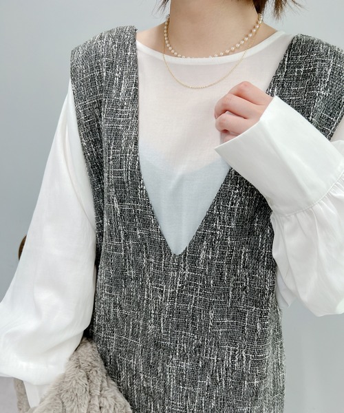 un dix cors(アンディコール)の「旬顔になれる ツイードジャンスカ(ワンピース・レディース・ブラック/グレイッシュベージュ・FREE)」の14枚目の写真