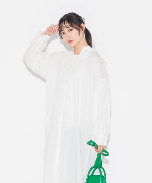 lil nina(リルニーナ)の「綿100% 長袖 ギャザースリーブシャツワンピース(シャツワンピース・レディース・ブルー/ラベンダー/オレンジ/ブラック/オフホワイト・FREE)」の2枚目の写真