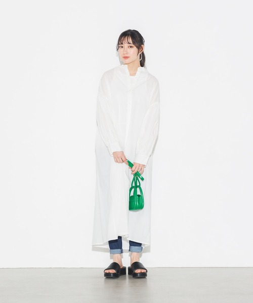 lil nina(リルニーナ)の「綿100% 長袖 ギャザースリーブシャツワンピース(シャツワンピース・レディース・ブルー/ラベンダー/オレンジ/ブラック/オフホワイト・FREE)」の6枚目の写真