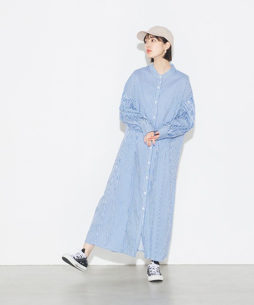 lil nina(リルニーナ)の「綿100% 長袖 ギャザースリーブシャツワンピース(シャツワンピース・レディース・ブルー/ラベンダー/オレンジ/ブラック/オフホワイト・FREE)」の10枚目の写真