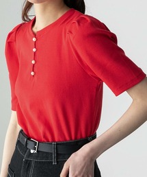 パールボタン ヘンリーネック パフスリーブ半袖Tシャツ
