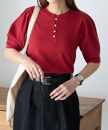 パールボタン ヘンリーネック パフスリーブ半袖Tシャツ