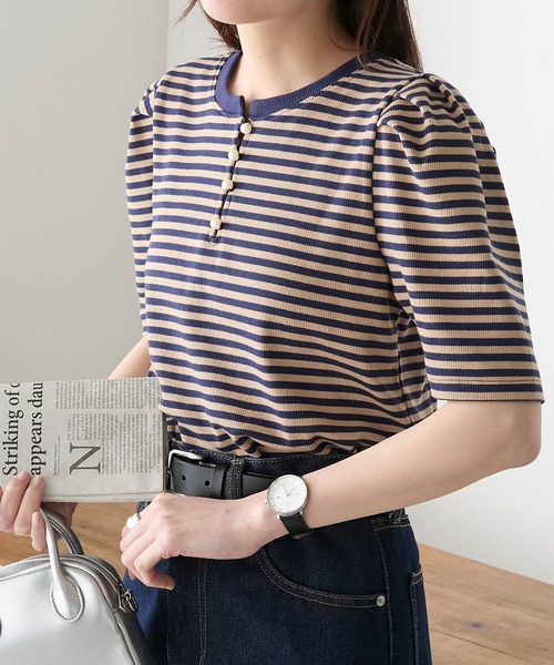 パールボタン ヘンリーネック パフスリーブ半袖Tシャツ（Tシャツ