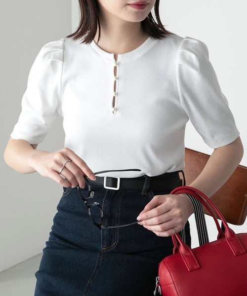 パールボタン ヘンリーネック パフスリーブ半袖Tシャツ（Tシャツ  
