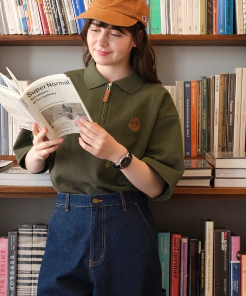 MONO-MART LADY'S（モノマートレディース）の「鹿の子ハーフジップエンブレムワンポイント刺繍ポロシャツ（ポロシャツ・レディース・杢グレー/アイボリー/オリーブ/ネイビー/ブラウン/ブラック・FREE）」の5枚目の写真