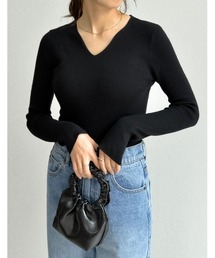 [洗える]Vネックベーシックリブニットトップス