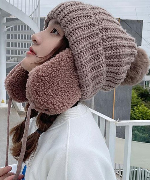 DAY CLOSET(デイ クローゼット)の「【あったかもこもこボアイヤーカバー付き】ニットキャップ ヘッドウェア レディース 耳当て(ニットキャップ/ビーニー・レディース・ブラック/マスタード/モカ/チョコ/グレー/オフホワイト/アイボリー・ONE SIZE)」の5枚目の写真