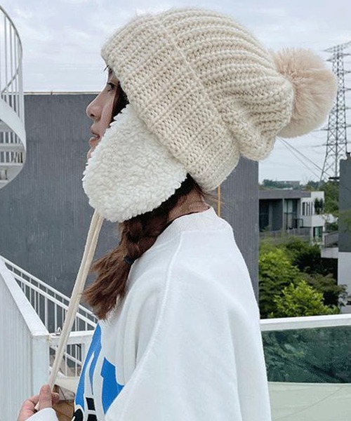 DAY CLOSET(デイ クローゼット)の「【あったかもこもこボアイヤーカバー付き】ニットキャップ ヘッドウェア レディース 耳当て(ニットキャップ/ビーニー・レディース・ブラック/マスタード/モカ/チョコ/グレー/オフホワイト/アイボリー・ONE SIZE)」の8枚目の写真