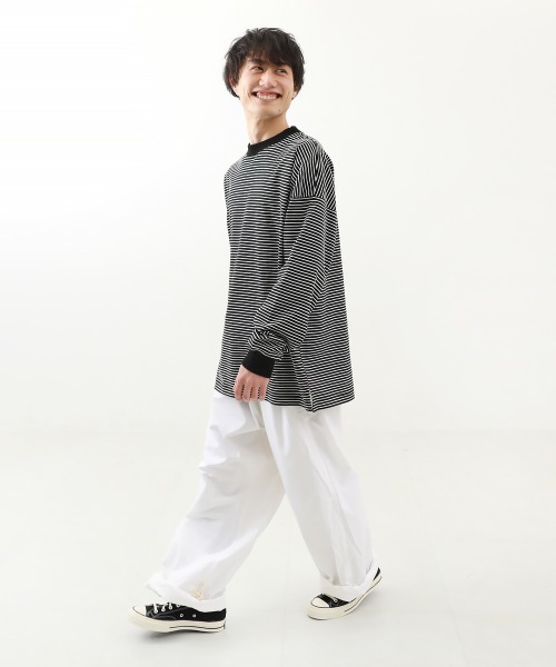 ボーダー ビッグシルエット 袖リブ 大人 長袖Tシャツ（Tシャツ
