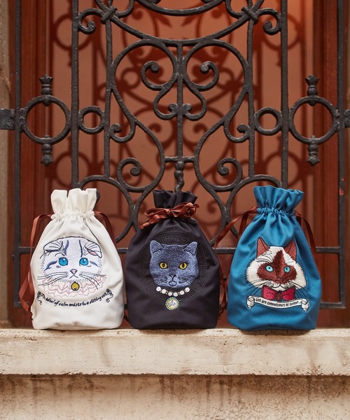欧州航路（オウシュウコウロ）の「【欧州航路】キャット巾着ポーチ（ポーチ・レディース・ホワイト/ブラック/ブルー/ピンク・FREE）」の12枚目の写真