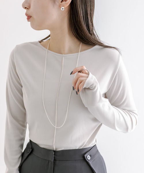 mline（エムライン）の「[mline]ストレッチメローロングTシャツ（Tシャツ/カットソー・レディース・グリーン/アイボリー/ブラック/グレー・FREE）」の3枚目の写真