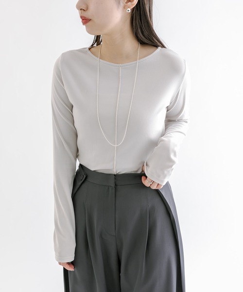 mline（エムライン）の「[mline]ストレッチメローロングTシャツ（Tシャツ/カットソー・レディース・グリーン/アイボリー/ブラック/グレー・FREE）」の12枚目の写真