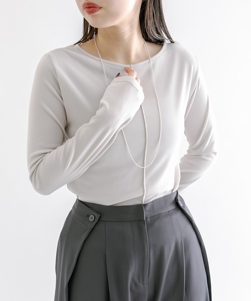 mline（エムライン）の「[mline]ストレッチメローロングTシャツ（Tシャツ/カットソー・レディース・グリーン/アイボリー/ブラック/グレー・FREE）」の14枚目の写真