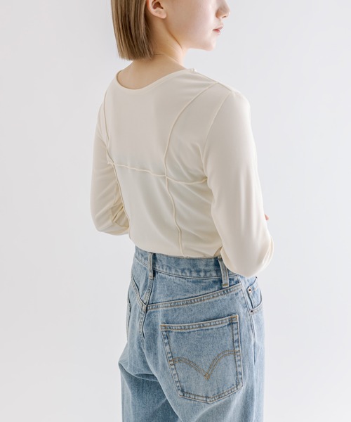 mline（エムライン）の「[mline]ストレッチメローロングTシャツ（Tシャツ/カットソー・レディース・グリーン/アイボリー/ブラック/グレー・FREE）」の5枚目の写真