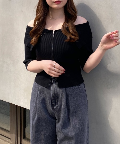 INGNI（イング）の「ビッグカラーフロントジップ半袖ニットカーディガン（Tシャツ/カットソー・レディース・ブラック/オフホワイト/ブルー/ピンク・M）」の9枚目の写真