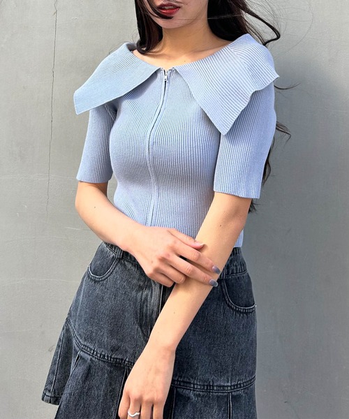 INGNI（イング）の「ビッグカラーフロントジップ半袖ニットカーディガン（Tシャツ/カットソー・レディース・ブラック/オフホワイト/ブルー/ピンク・M）」の15枚目の写真