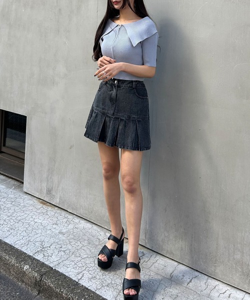 INGNI（イング）の「ビッグカラーフロントジップ半袖ニットカーディガン（Tシャツ/カットソー・レディース・ブラック/オフホワイト/ブルー/ピンク・M）」の16枚目の写真