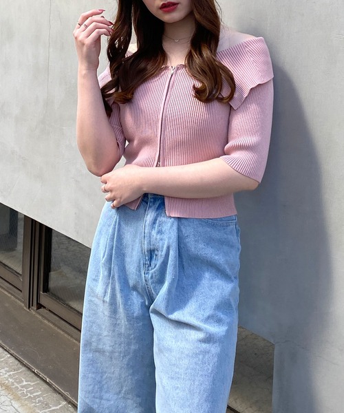 INGNI（イング）の「ビッグカラーフロントジップ半袖ニットカーディガン（Tシャツ/カットソー・レディース・ブラック/オフホワイト/ブルー/ピンク・M）」の18枚目の写真