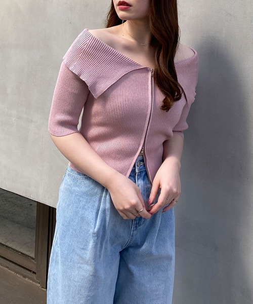 INGNI（イング）の「ビッグカラーフロントジップ半袖ニットカーディガン（Tシャツ/カットソー・レディース・ブラック/オフホワイト/ブルー/ピンク・M）」の19枚目の写真