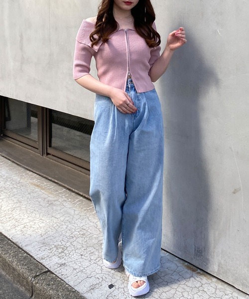 INGNI（イング）の「ビッグカラーフロントジップ半袖ニットカーディガン（Tシャツ/カットソー・レディース・ブラック/オフホワイト/ブルー/ピンク・M）」の20枚目の写真