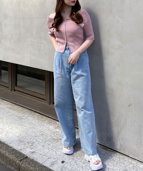 INGNI（イング）の「ビッグカラーフロントジップ半袖ニットカーディガン（Tシャツ/カットソー・レディース・ブラック/オフホワイト/ブルー/ピンク・M）」の21枚目の写真