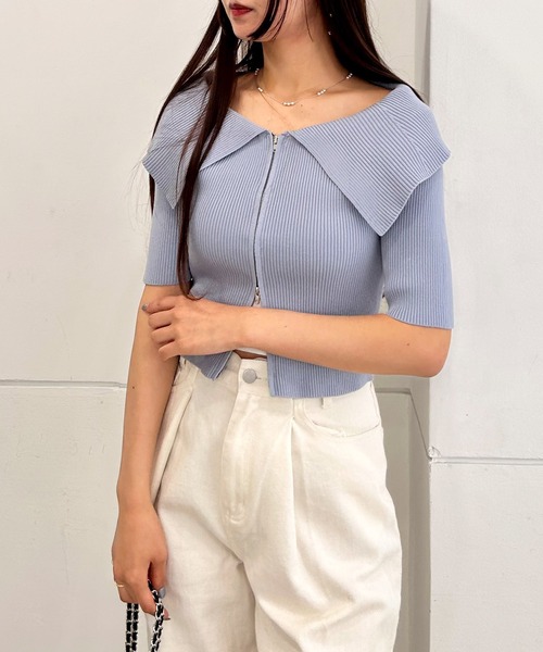 INGNI（イング）の「ビッグカラーフロントジップ半袖ニットカーディガン（Tシャツ/カットソー・レディース・ブラック/オフホワイト/ブルー/ピンク・M）」の22枚目の写真