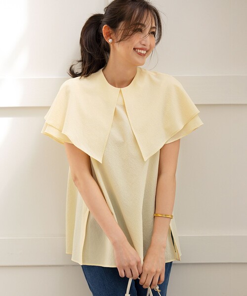 組曲（クミキョク）の「サッカーストレッチ 襟付きブラウス（シャツ/ブラウス・レディース・サックスブルー系/ブラック系/イエロー系/アイボリー系・3/2）」の4枚目の写真