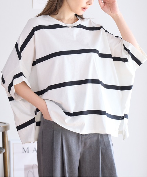 【セール】ボーダー Tシャツ 半袖 ドルマン トップス ドルマンスリーブ カットソー プルオーバー 体型カバー 二の腕カバー 綿100 ...