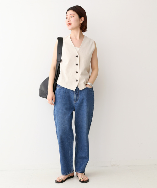 極美品　23ss スピックアンドスパン　リネン　ベスト　ジレ　フリンジ　スリット Spick＆Span ベスト ジレ リネンブレンドツイードベスト