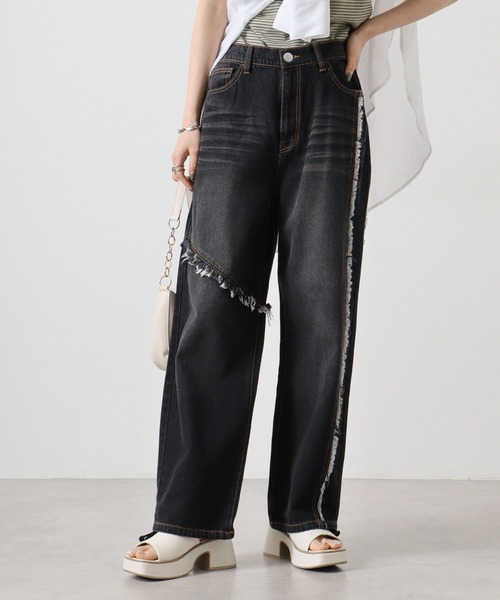 RE730(アールイーセブンサーティー)の「Switchable wide baggy pants / 切替ワイドバギーパンツ(デニムパンツ・メンズ・ブラック/ブラック系1・M/L/XL)」の9枚目の写真