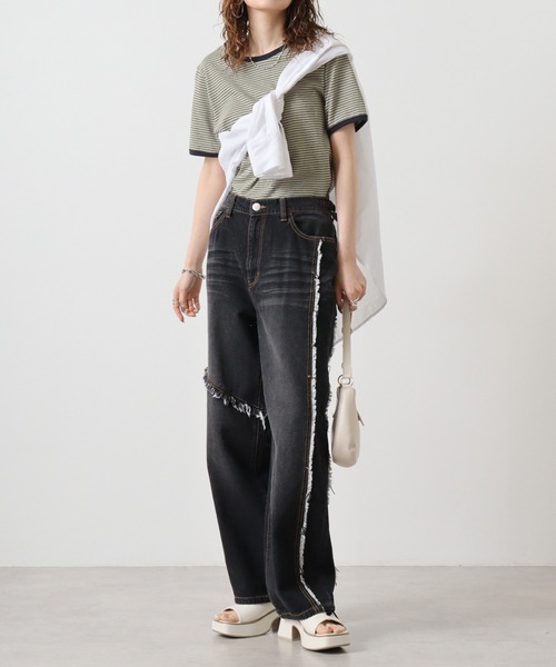 RE730(アールイーセブンサーティー)の「Switchable wide baggy pants / 切替ワイドバギーパンツ(デニムパンツ・メンズ・ブラック/ブラック系1・M/L/XL)」の12枚目の写真