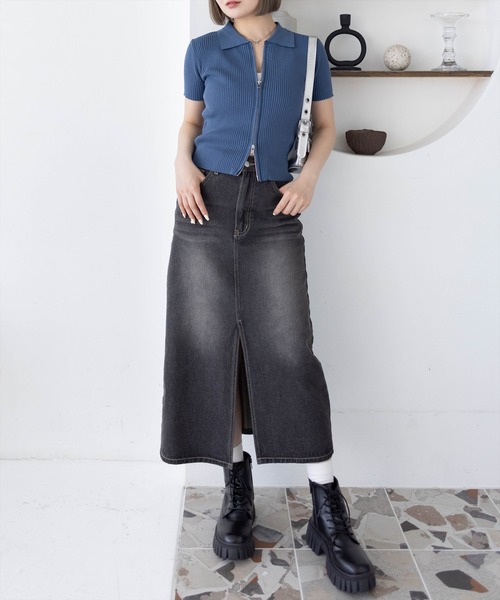 セール】【低身長サイズ有】スリット入りデニムスカート [美