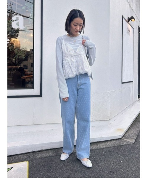 light blue striped elegant and refined コットンパンツ セール】ドット/カラーストレートデニムパンツ(デニムパンツ