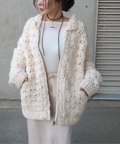 LAULEN（ローレン）の「double zip crochet knit cardigan /ダブルジップクロシェカーディガン（カーディガン/ボレロ・レディース・アイボリー・M）」の4枚目の写真