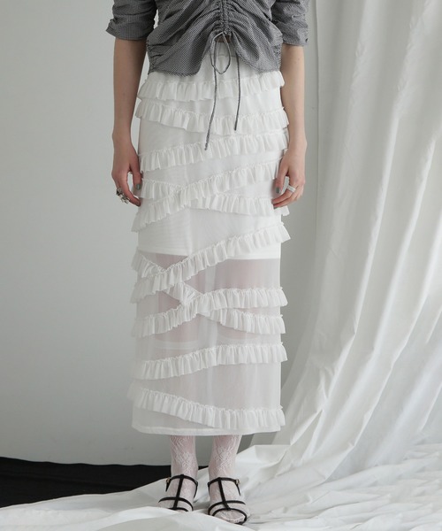 ROSE BUD チュールフリルスカート　ブルー　600-4134004 ROSE BUD / Tulle frill skirt / Long skirt / FREE / Polyester