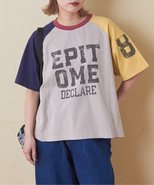 CUBE SUGAR(キューブシュガー)の「26/-OE天竺パウダー加工切替ラグランスリーブTシャツ(Tシャツ/カットソー・レディース・グレー/マルチ/イエロー/ネイビー/ピンク・M)」の1枚目の写真