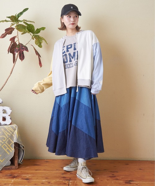 CUBE SUGAR(キューブシュガー)の「26/-OE天竺パウダー加工切替ラグランスリーブTシャツ(Tシャツ/カットソー・レディース・グレー/マルチ/イエロー/ネイビー/ピンク・M)」の20枚目の写真