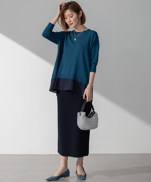 23区 L(ニジュウサンクオオキイサイズ)の「【洗える】レーヨンポリエステルストレッチ シャツコンビ ニット(ニット/セーター・レディース・ダークグリーン系/ネイビー系/ベージュ系・44/46/48)」の4枚目の写真