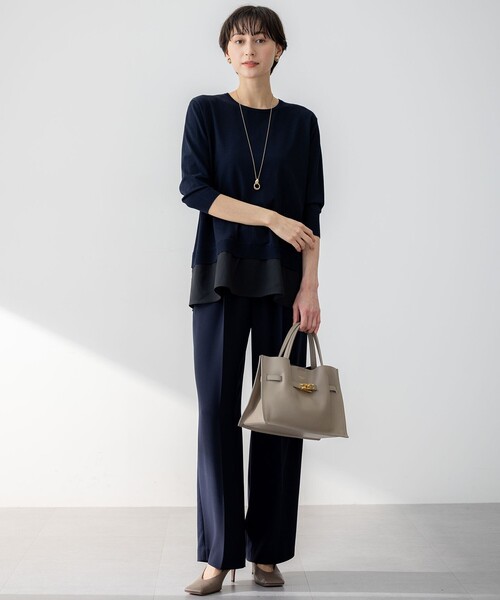 23区 L(ニジュウサンクオオキイサイズ)の「【洗える】レーヨンポリエステルストレッチ シャツコンビ ニット(ニット/セーター・レディース・ダークグリーン系/ネイビー系/ベージュ系・44/46/48)」の6枚目の写真