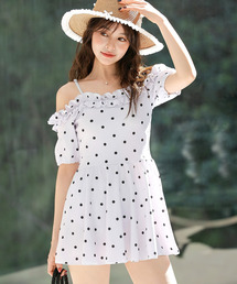 TeddyShop | レディース水着 ギャザーフリルオフショルフレアワンピース+ハイウエストショーツ 上下2点セット(水着)