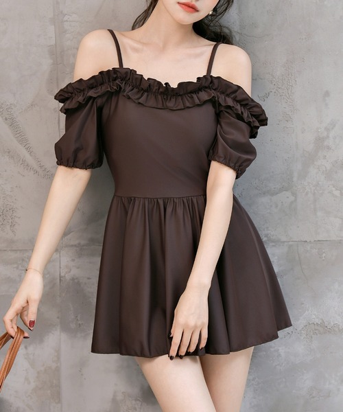 TeddyShop(テディショップ)の「レディース水着 ギャザーフリルオフショルフレアワンピース+ハイウエストショーツ 上下2点セット(水着・レディース・ブラウン/ホワイト系その他/ブラック/ブラック系その他・S/M/L/LL)」の21枚目の写真