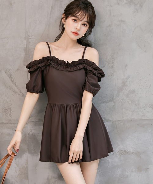 TeddyShop(テディショップ)の「レディース水着 ギャザーフリルオフショルフレアワンピース+ハイウエストショーツ 上下2点セット(水着・レディース・ブラウン/ホワイト系その他/ブラック/ブラック系その他・S/M/L/LL)」の20枚目の写真
