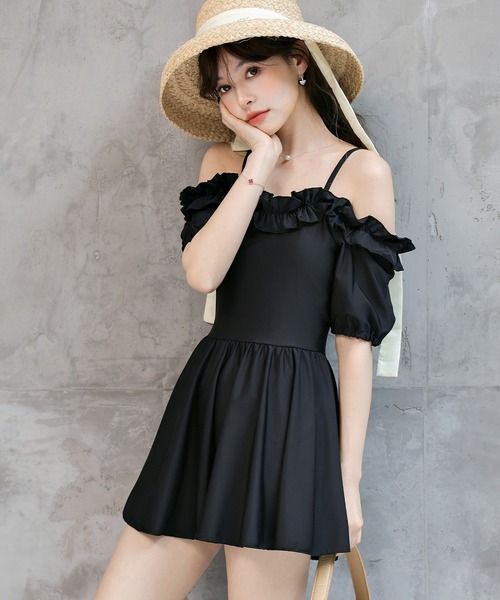 TeddyShop(テディショップ)の「レディース水着 ギャザーフリルオフショルフレアワンピース+ハイウエストショーツ 上下2点セット(水着・レディース・ブラウン/ホワイト系その他/ブラック/ブラック系その他・S/M/L/LL)」の5枚目の写真