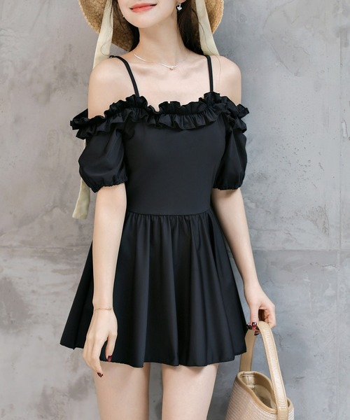 TeddyShop(テディショップ)の「レディース水着 ギャザーフリルオフショルフレアワンピース+ハイウエストショーツ 上下2点セット(水着・レディース・ブラウン/ホワイト系その他/ブラック/ブラック系その他・S/M/L/LL)」の8枚目の写真